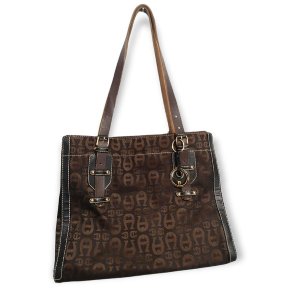 Vintage Etienne Aigner Leather Canvas Shoulder Tote Purse Handbag - Picture 2 of 8